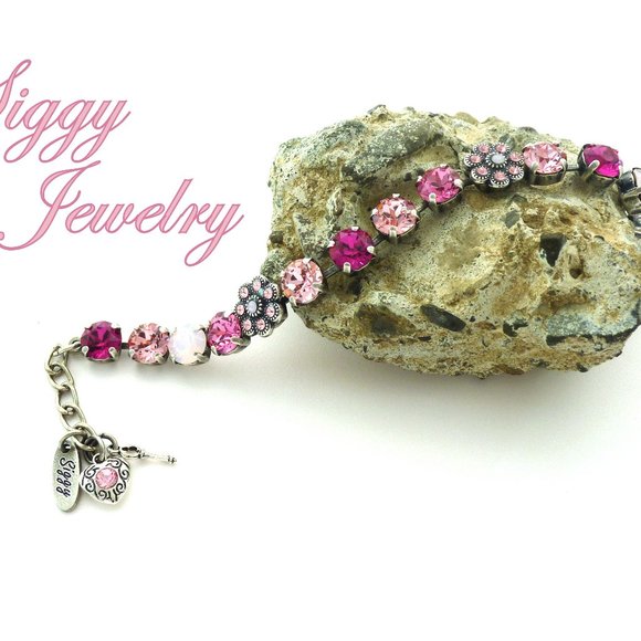 Pink Flower Tennis Bracelet Made with Genuine Swarovski Crystals - Picture 6 of 7